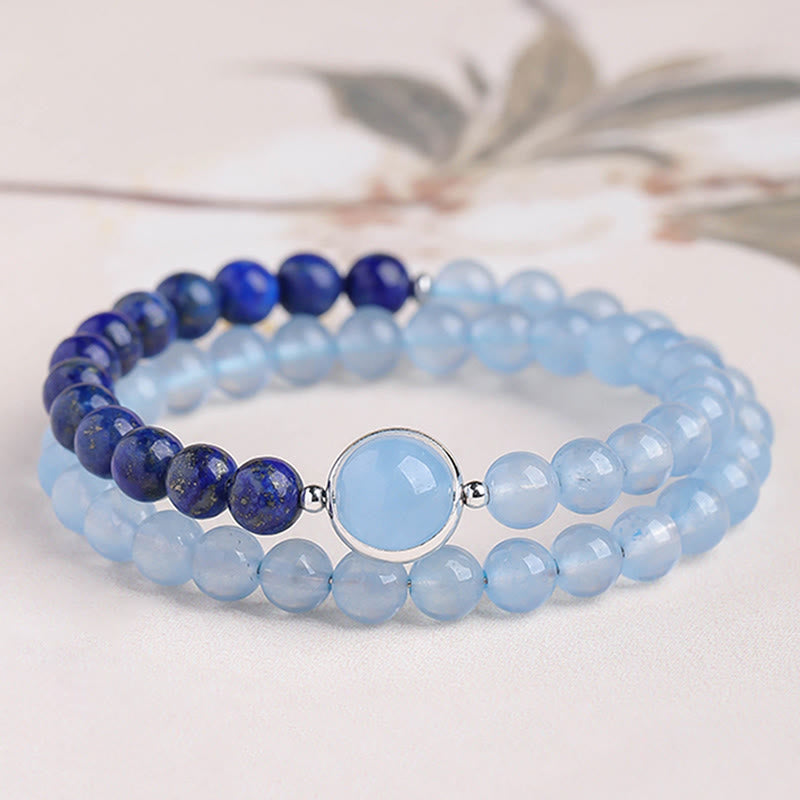Buddha Stones Pulsera curativa de aguamarina y lapislázuli natural - Pulsera de doble vuelta (circunferencia de la muñeca: 14-15 cm) - image 1