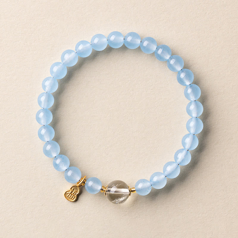 Buddha Stones Pulsera de aguamarina natural con el carácter Fu para la buena fortuna y la sanación - Cristal blanco aguamarina de 6 mm (circunferencia de la muñeca: 14-15 cm) - image 7