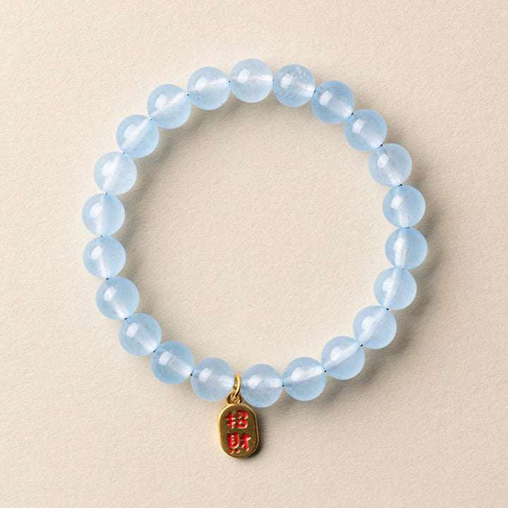 Buddha Stones Pulsera de aguamarina natural con el carácter Fu para la buena fortuna y la sanación - Amuleto de la suerte de aguamarina de 8 mm (circunferencia de la muñeca: 14-15 cm) - image 6