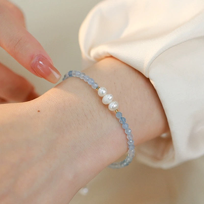 Buddha Stones Pulsera Serenity de perlas finas de aguamarina natural de 4 mm - image 6