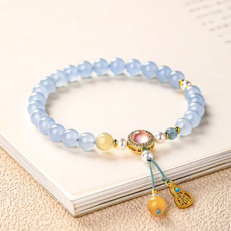 Buddha Stones Pulsera curativa con forma de pata de gato y calcedonia azul Fu - Caracteres Fu (Circunferencia de la muñeca: 14-15 cm) - image 4