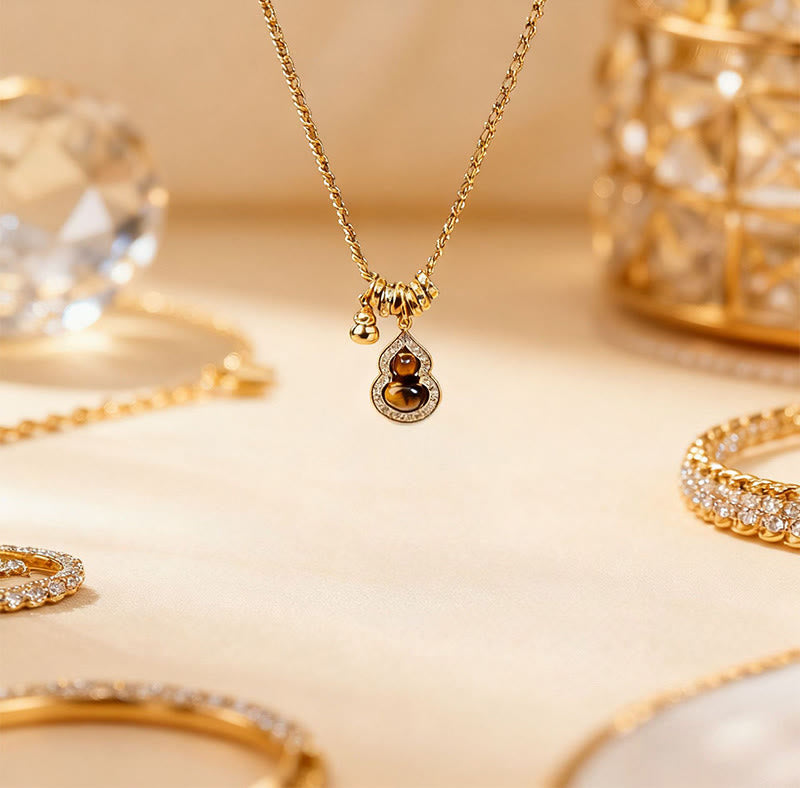 Buddha Stones Colgante de collar de fuerza con forma de ojo de tigre y doble calabaza, chapado en oro y cobre. - image 3