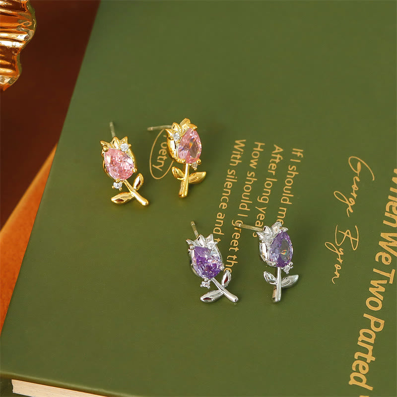 Buddha Stones Pendientes de botón curativos de cobre con circonita en forma de tulipán rosa y morado - image 8