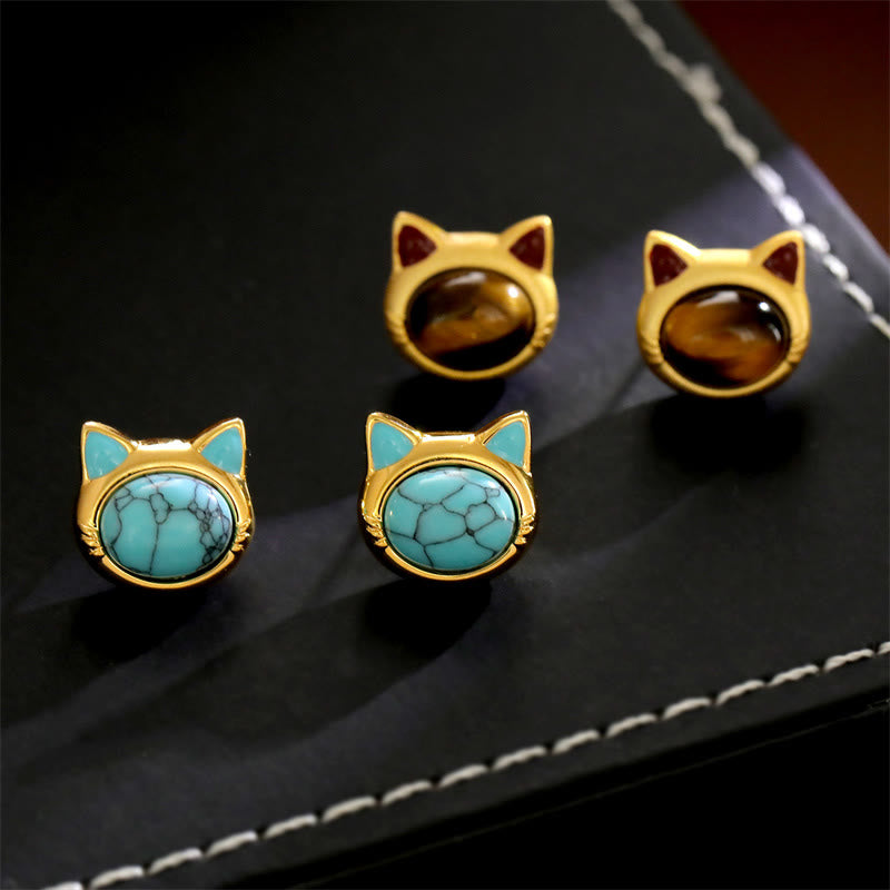 Buddha Stones Pendientes de botón de cobre con diseño de cabeza de gato y ojo de tigre turquesa - image 0