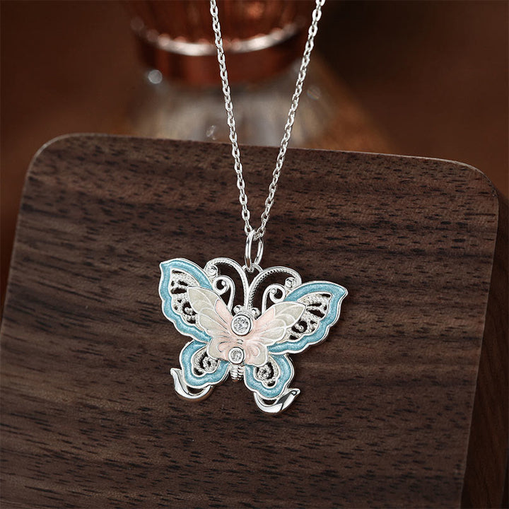 Buddha Stones Colgante de mariposa de plata de ley 999 con esmalte azul para protección. - image 2