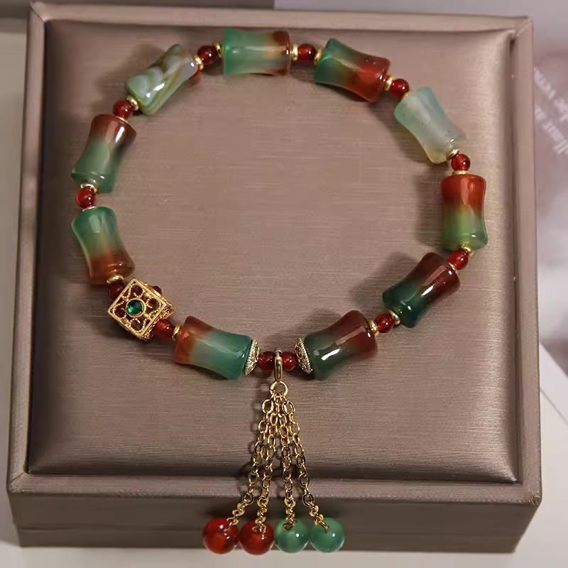 Buddha Stones Pulsera de cuentas de bambú con borla de ágata pavo real colorida - image 1