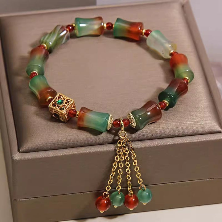 Buddha Stones Pulsera de cuentas de bambú con borla de ágata pavo real colorida - image 3