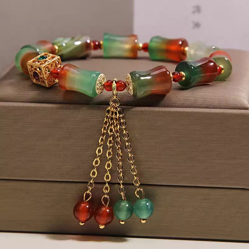 Buddha Stones Pulsera de cuentas de bambú con borla de ágata pavo real colorida - image 5