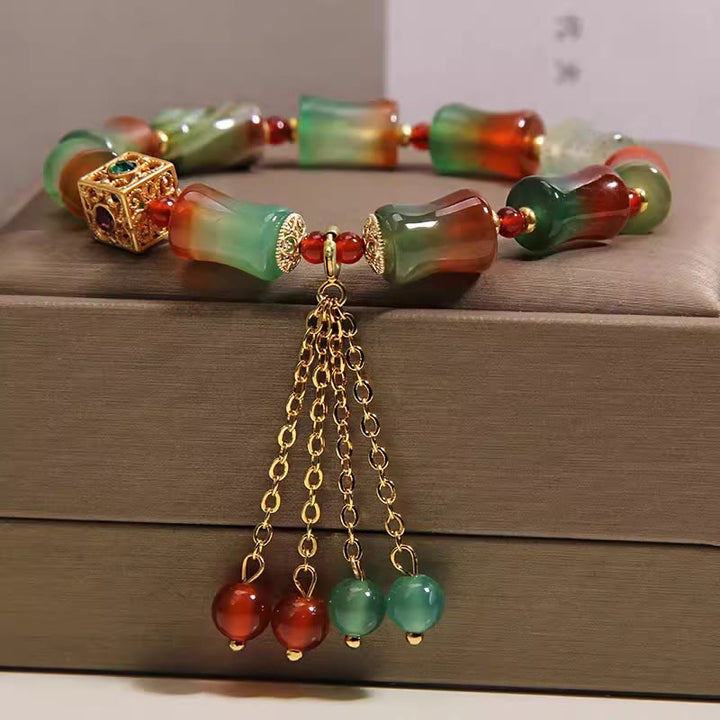 Buddha Stones Pulsera de cuentas de bambú con borla de ágata pavo real colorida - image 5
