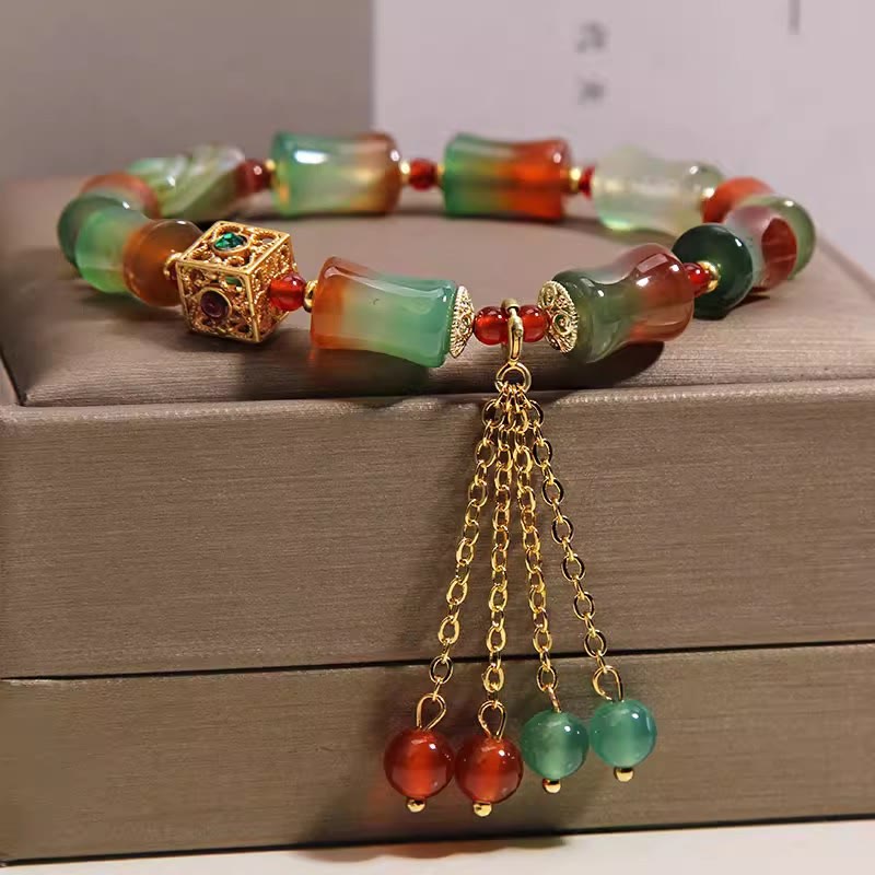 Buddha Stones Pulsera de cuentas de bambú con borla de ágata pavo real colorida - image 4