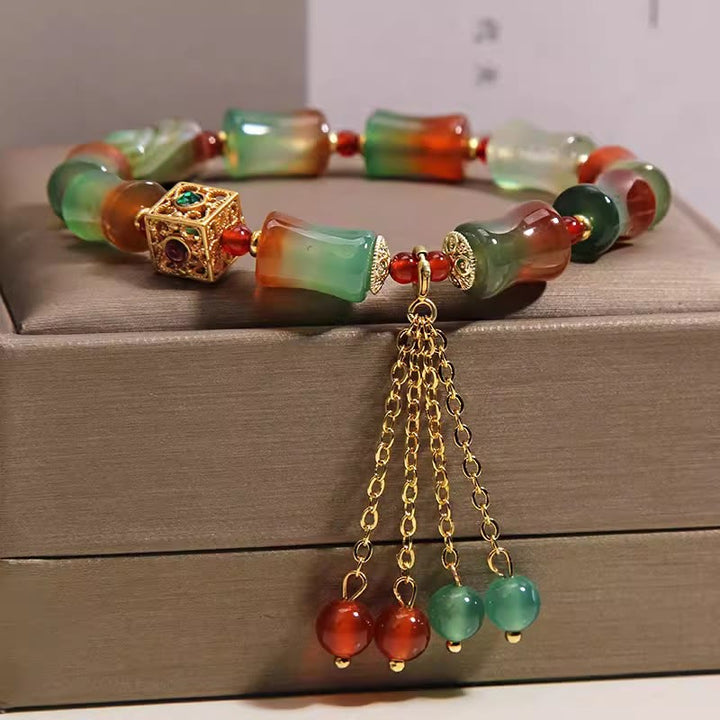 Buddha Stones Pulsera de cuentas de bambú con borla de ágata pavo real colorida - image 4