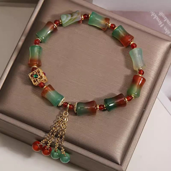 Buddha Stones Pulsera de cuentas de bambú con borla de ágata pavo real colorida - image 2
