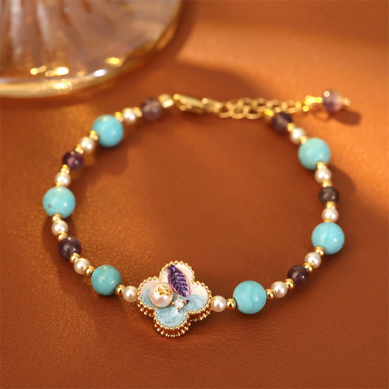 Buddha Stones Pulsera de cadena de la suerte de cobre con diseño floral y cuentas de turquesa y perlas - image 5