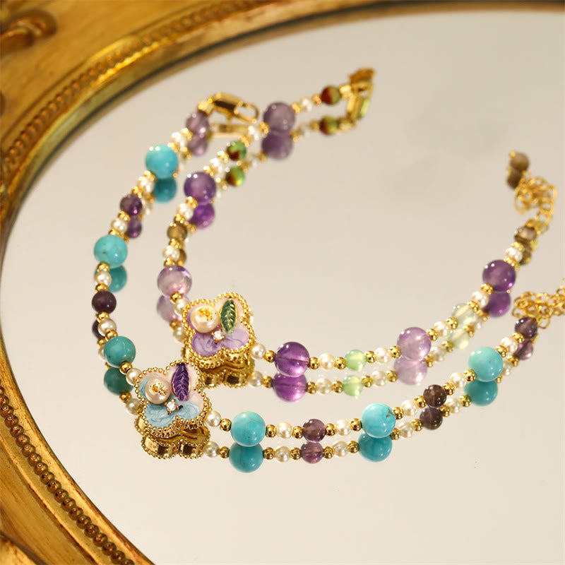 Buddha Stones Pulsera de cadena de la suerte de cobre con diseño floral y cuentas de turquesa y perlas - image 6