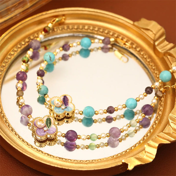 Buddha Stones Pulsera de cadena de la suerte de cobre con diseño floral y cuentas de turquesa y perlas - image 7
