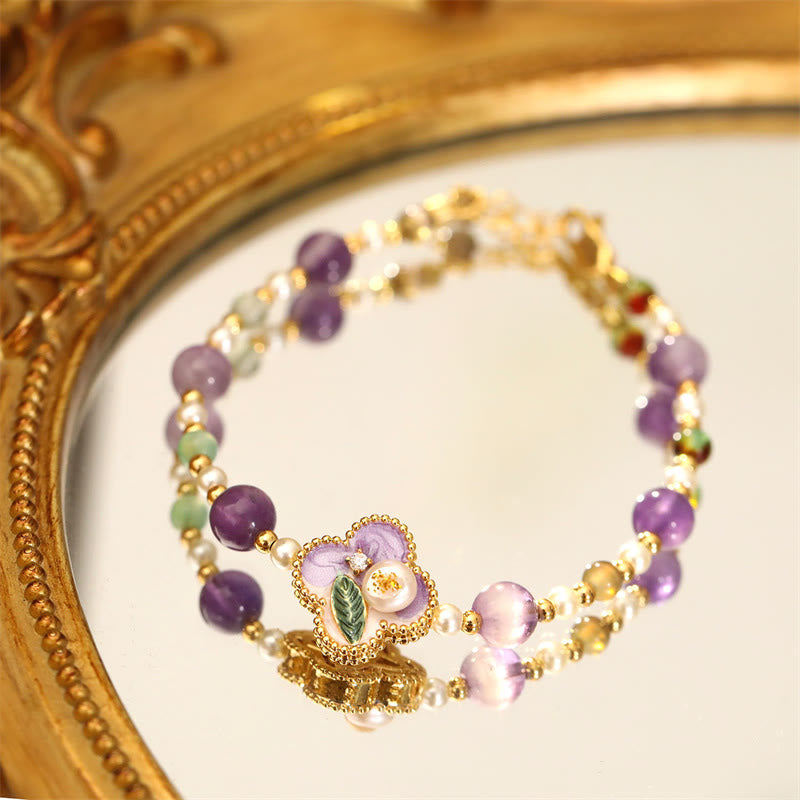 Buddha Stones Pulsera de cadena de la suerte de cobre con diseño floral y cuentas de turquesa y perlas - Cuenta morada (perla natural irregular y única) (circunferencia de la muñeca: 14-16 cm) - image 0