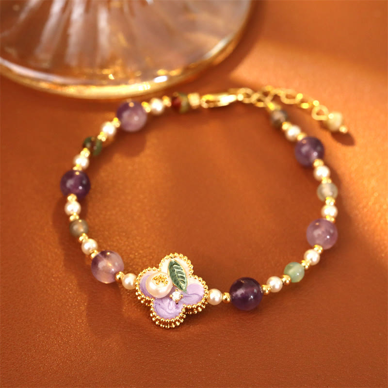 Buddha Stones Pulsera de cadena de la suerte de cobre con diseño floral y cuentas de turquesa y perlas - image 1