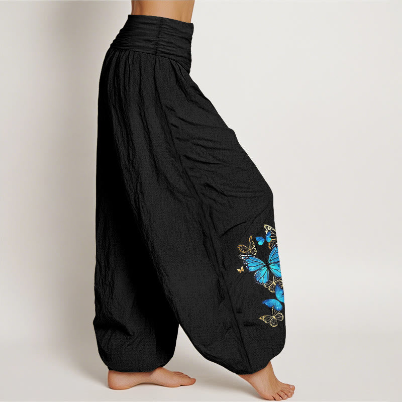 Buddha Stones Pantalones harem de algodón con estampado de mariposas y cintura elástica para mujer. - image 1