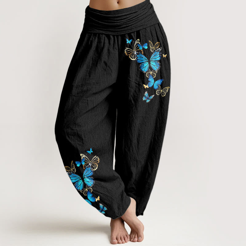 Buddha Stones Pantalones harem de algodón con estampado de mariposas y cintura elástica para mujer. - Negro - US16，UK/AU20，EU48 (3XL) - image 0
