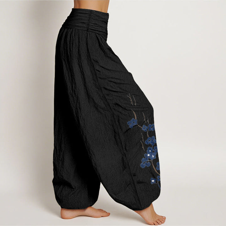 Buddha Stones Pantalones harem de mujer con cintura elástica y estampado caligráfico de Cotton Plum Bossom - image 6