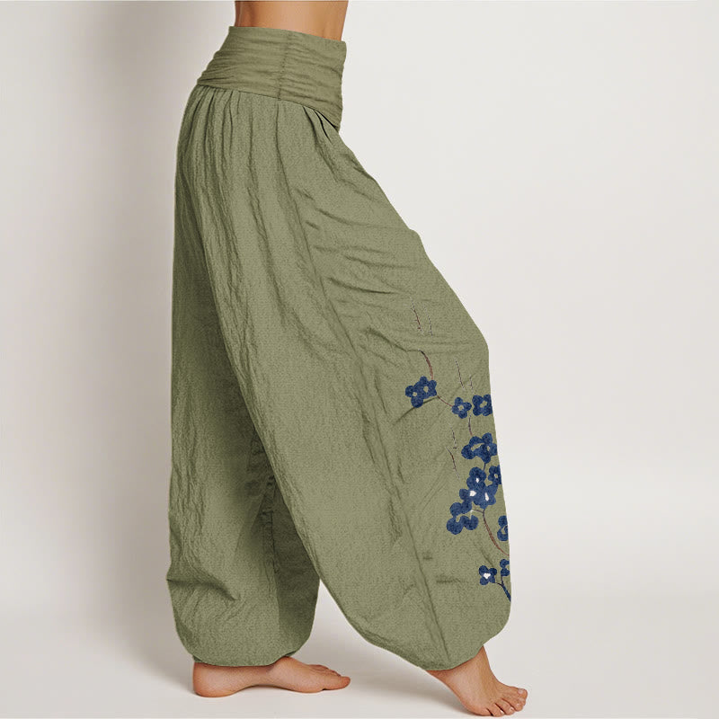 Buddha Stones Pantalones harem de mujer con cintura elástica y estampado caligráfico de Cotton Plum Bossom - image 15