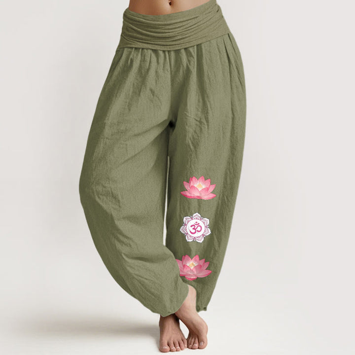 Buddha Stones Pantalones harem de algodón con estampado de flor de loto Om para mujer con cintura elástica. - Verde oliva - US16，UK/AU20，EU48 (3XL) - image 14