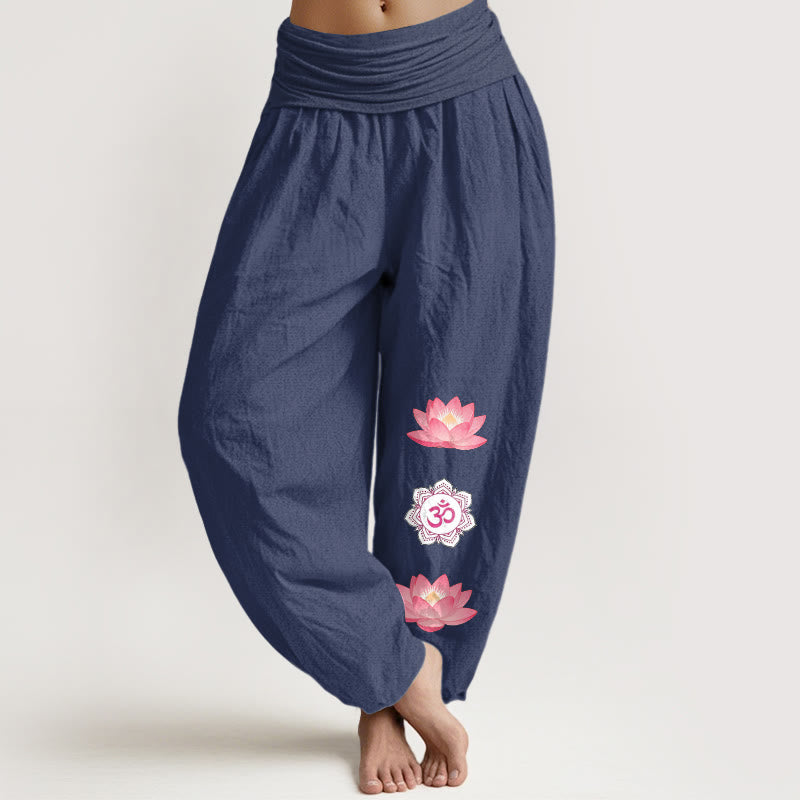 Buddha Stones Pantalones harem de algodón con estampado de flor de loto Om para mujer con cintura elástica. - Azul pizarra oscuro - US16，UK/AU20，EU48 (3XL) - image 0