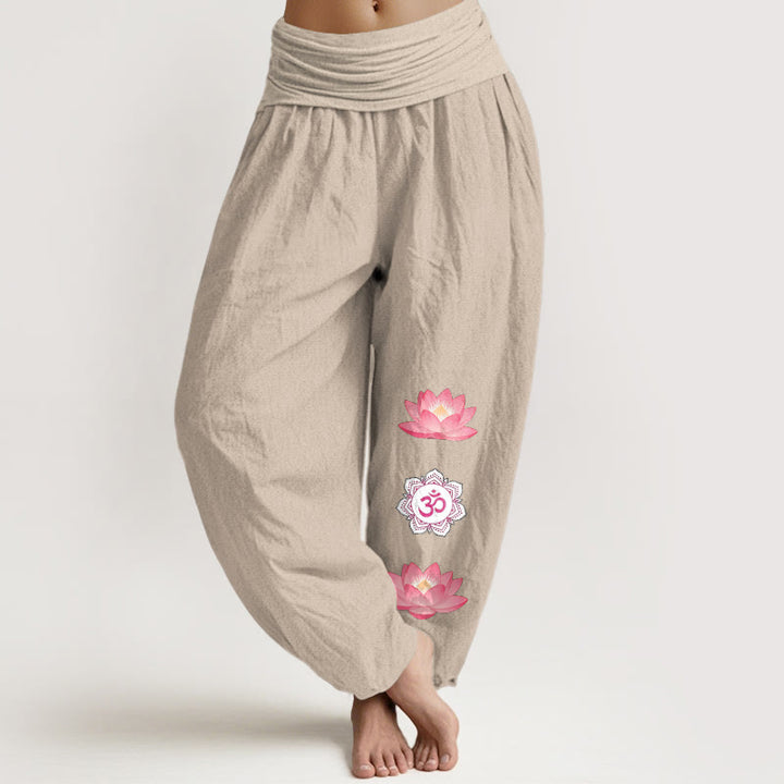 Buddha Stones Pantalones harem de algodón con estampado de flor de loto Om para mujer con cintura elástica. - Broncearse - US16，UK/AU20，EU48 (3XL) - image 11