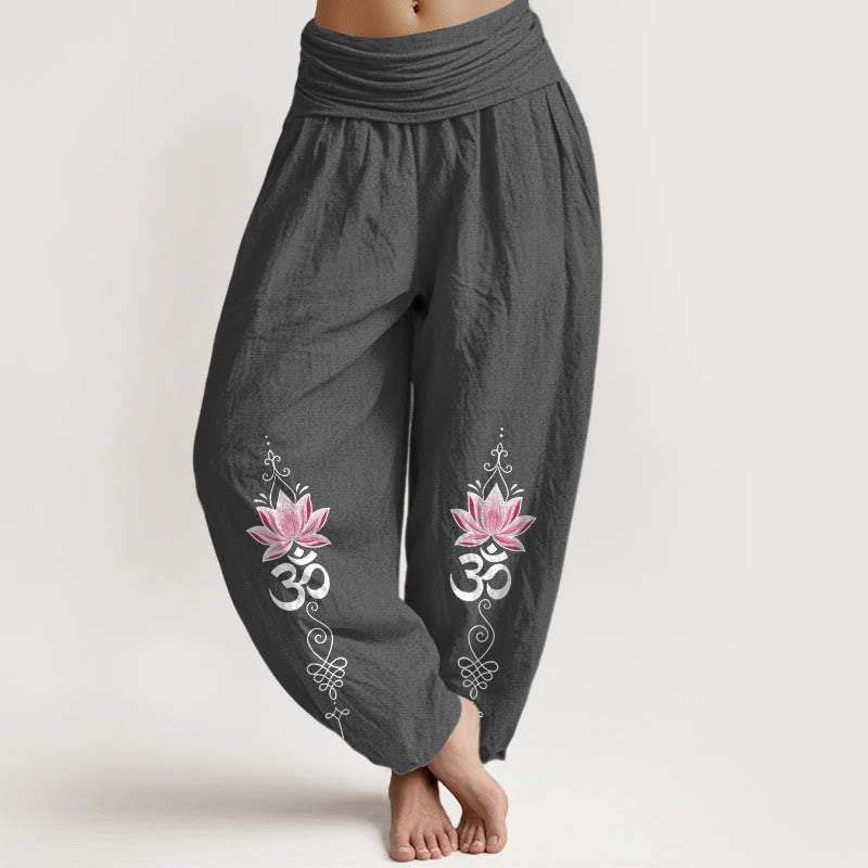 Buddha Stones Pantalones harem de algodón con diseño OM sánscrito y estampado de flor de loto para mujer, con cintura elástica. - Gris oscuro - US16，UK/AU20，EU48 (3XL) - image 11