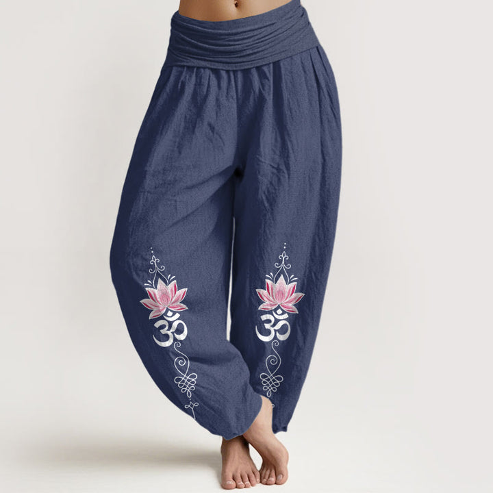 Buddha Stones Pantalones harem de algodón con diseño OM sánscrito y estampado de flor de loto para mujer, con cintura elástica. - Azul pizarra oscuro - US16，UK/AU20，EU48 (3XL) - image 8