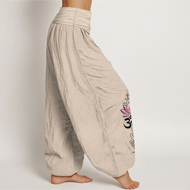Buddha Stones Pantalones harem de algodón con diseño OM sánscrito y estampado de flor de loto para mujer, con cintura elástica. - image 15