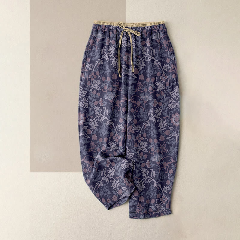 Buddha Stones Pantalones casuales de algodón para mujer con estampado de flores y hojas de vid, cintura elástica y bolsillos. - Cardo - US16，UK/AU20，EU48 (3XL) - image 5
