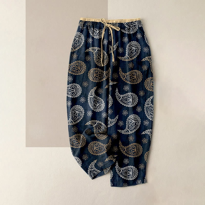 Buddha Stones Pantalones de mujer de algodón puro con elegante estampado paisley, cintura elástica y bolsillos. - Azul oscuro - US16，UK/AU20，EU48 (3XL) - image 0