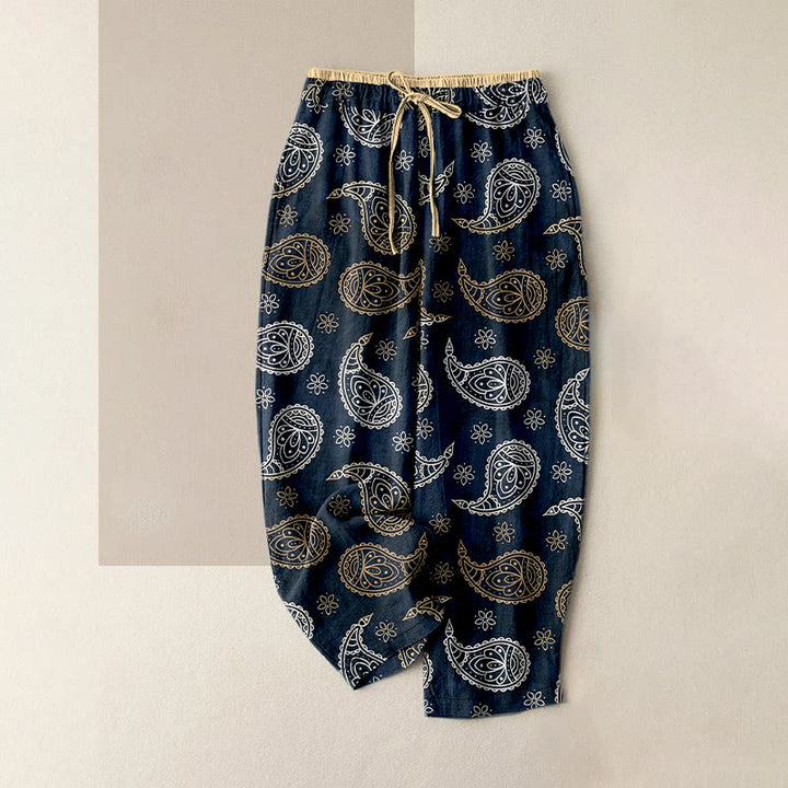 Buddha Stones Pantalones de mujer de algodón puro con elegante estampado paisley, cintura elástica y bolsillos. - Azul oscuro - US16，UK/AU20，EU48 (3XL) - image 0