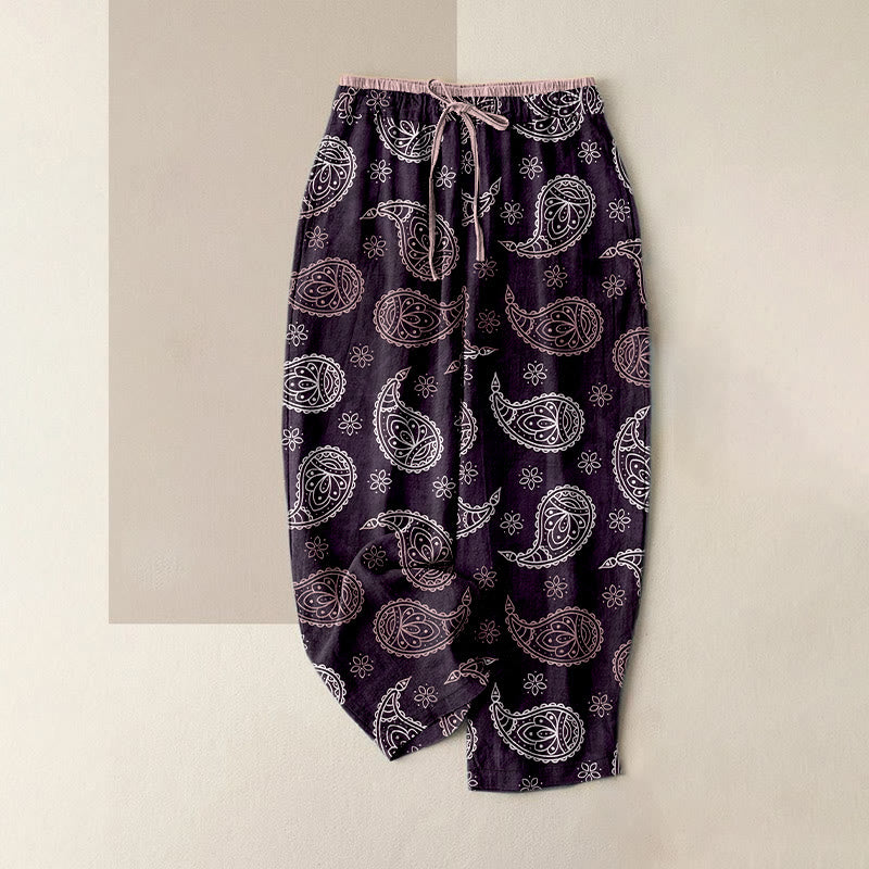 Buddha Stones Pantalones de mujer de algodón puro con elegante estampado paisley, cintura elástica y bolsillos. - Púrpura - US16，UK/AU20，EU48 (3XL) - image 4
