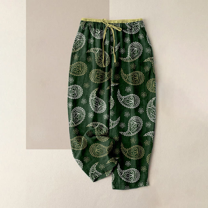 Buddha Stones Pantalones de mujer de algodón puro con elegante estampado paisley, cintura elástica y bolsillos. - Verde oscuro - US16，UK/AU20，EU48 (3XL) - image 5