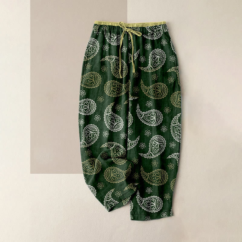 Buddha Stones Pantalones de mujer de algodón puro con elegante estampado paisley, cintura elástica y bolsillos. - Verde oscuro - US16，UK/AU20，EU48 (3XL) - image 5