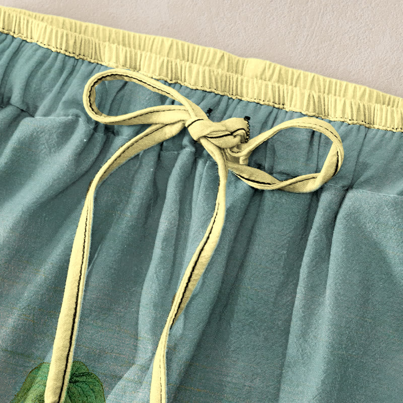 Buddha Stones Pantalones de mujer de algodón puro con estampado de paisaje natural, cintura elástica y bolsillos. - image 1