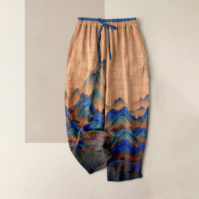 Buddha Stones Pantalones de mujer de algodón puro con estampado de paisaje natural, cintura elástica y bolsillos. - BurlyWood - US16，UK/AU20，EU48 (3XL) - image 4