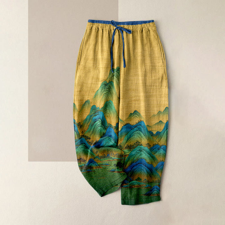 Buddha Stones Pantalones de mujer de algodón puro con estampado de paisaje natural, cintura elástica y bolsillos. - vara de oro - US16，UK/AU20，EU48 (3XL) - image 5