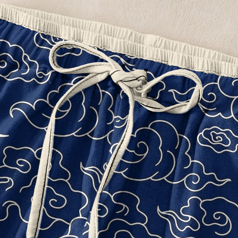 Buddha Stones Pantalones casuales de algodón puro con estampado de nubes auspiciosas para mujer, cintura elástica y bolsillos. - image 1