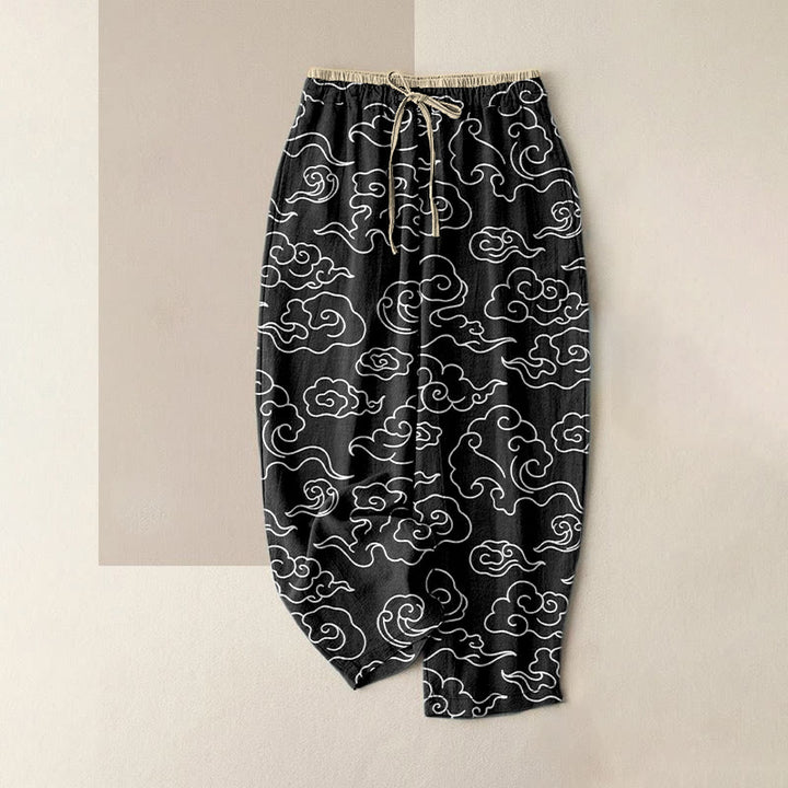 Buddha Stones Pantalones casuales de algodón puro con estampado de nubes auspiciosas para mujer, cintura elástica y bolsillos. - Negro - US16，UK/AU20，EU48 (3XL) - image 4