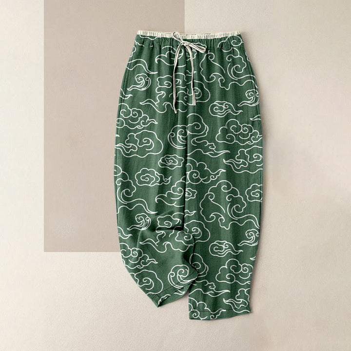 Buddha Stones Pantalones casuales de algodón puro con estampado de nubes auspiciosas para mujer, cintura elástica y bolsillos. - Verde oscuro - US16，UK/AU20，EU48 (3XL) - image 5