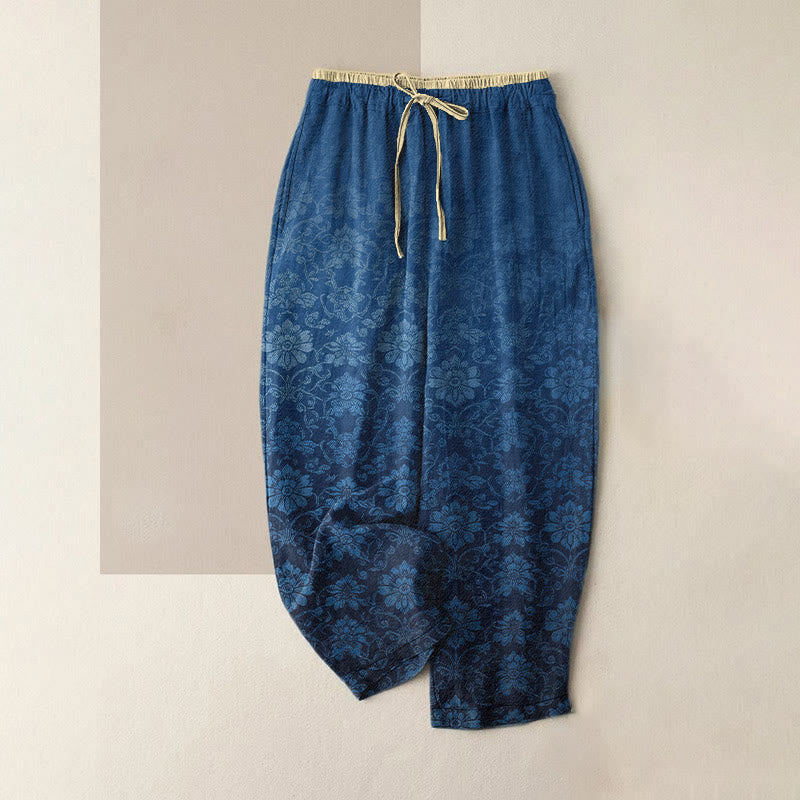 Buddha Stones Pantalones de mujer de algodón puro con estampado floral decorativo retro, cintura elástica y bolsillos. - Azul acero - US16，UK/AU20，EU48 (3XL) - image 0