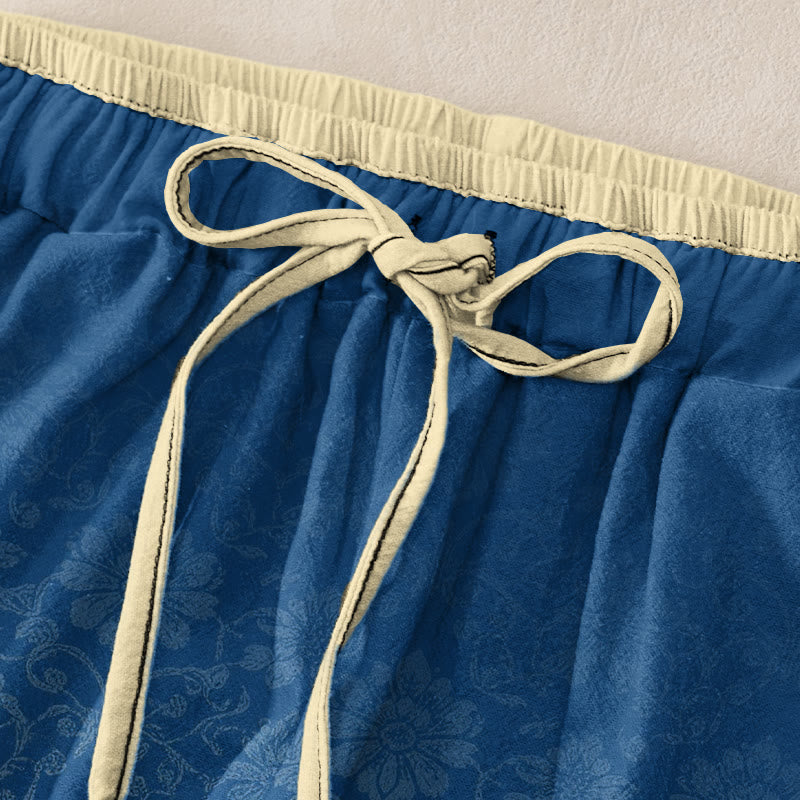 Buddha Stones Pantalones de mujer de algodón puro con estampado floral decorativo retro, cintura elástica y bolsillos. - image 1