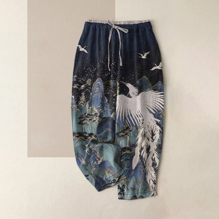 Buddha Stones Pantalones de mujer de algodón puro con estampado de grullas en un paisaje auspicioso y cintura elástica con bolsillos. - Azul medianoche - US16，UK/AU20，EU48 (3XL) - image 0
