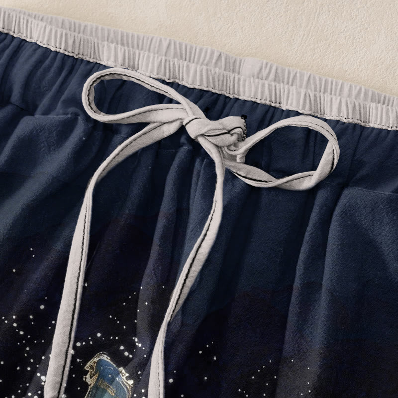 Buddha Stones Pantalones de mujer de algodón puro con estampado de grullas en un paisaje auspicioso y cintura elástica con bolsillos. - image 1