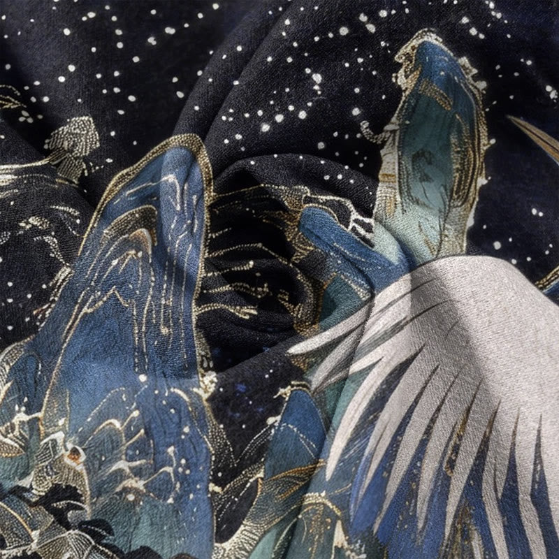 Buddha Stones Pantalones de mujer de algodón puro con estampado de grullas en un paisaje auspicioso y cintura elástica con bolsillos. - image 3