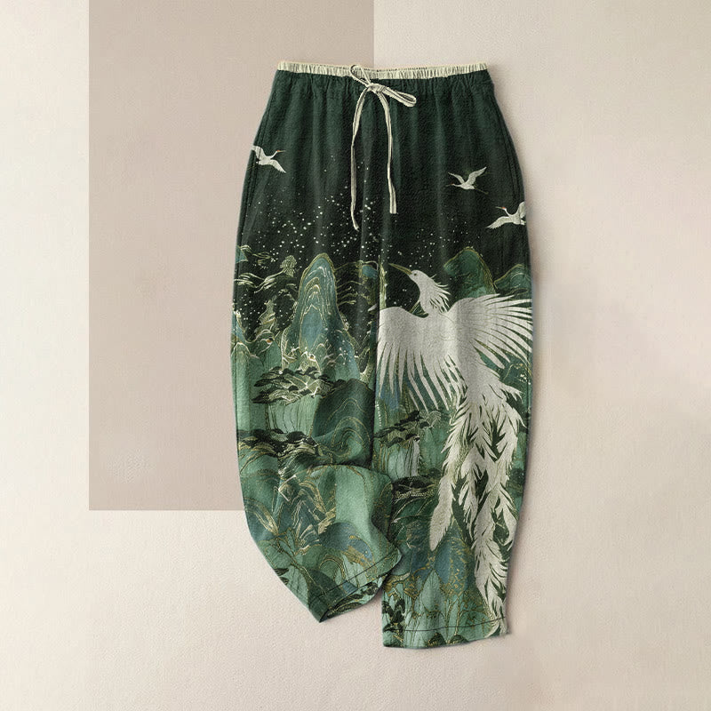 Buddha Stones Pantalones de mujer de algodón puro con estampado de grullas en un paisaje auspicioso y cintura elástica con bolsillos. - Gris pizarra oscuro - US16，UK/AU20，EU48 (3XL) - image 4