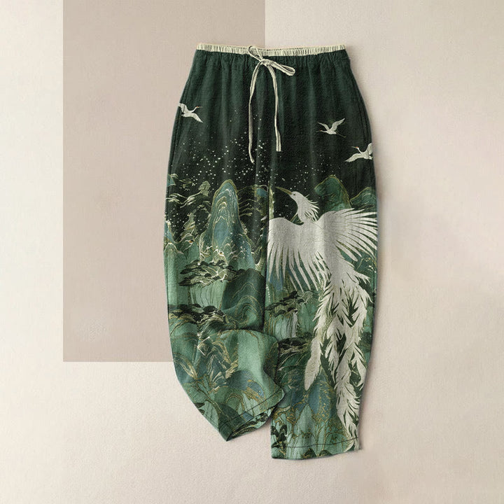 Buddha Stones Pantalones de mujer de algodón puro con estampado de grullas en un paisaje auspicioso y cintura elástica con bolsillos. - Gris pizarra oscuro - US16，UK/AU20，EU48 (3XL) - image 4